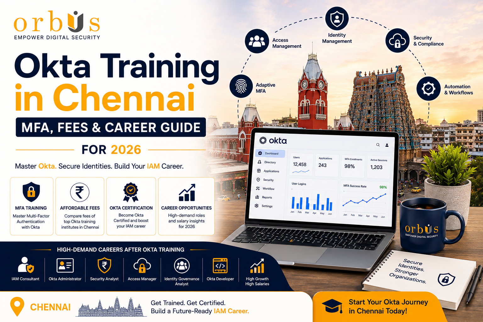 Okta Training in Chennai 2026 featured image showing Orbus branding, Okta identity and access management dashboard, Chennai landmarks, MFA training, certification, course fees, and IAM career opportunities.