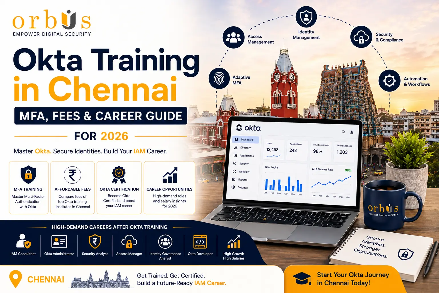 Okta Training in Chennai 2026 featured image showing Orbus branding, Okta identity and access management dashboard, Chennai landmarks, MFA training, certification, course fees, and IAM career opportunities.