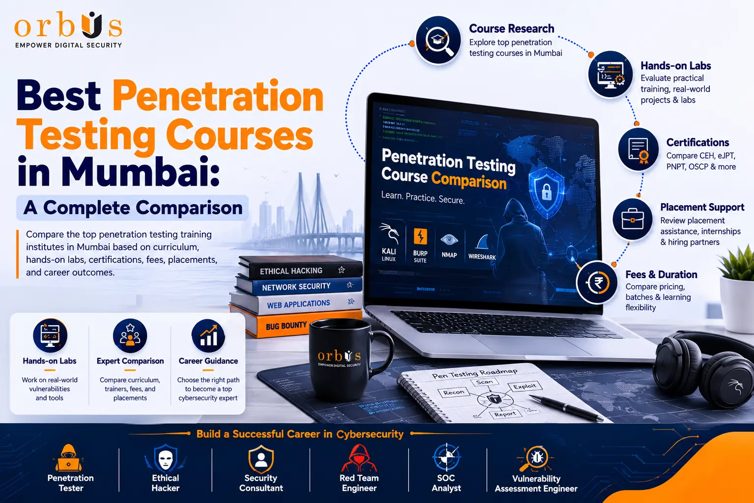 Infographic comparing the best penetration testing courses in Mumbai, featuring curriculum, hands-on labs, CEH, eJPT, PNPT, OSCP certifications, placement support, fees, duration, career guidance, and cybersecurity career paths including Penetration Tester, Ethical Hacker, Security Consultant, Red Team Engineer, SOC Analyst, and Vulnerability Assessment Engineer.